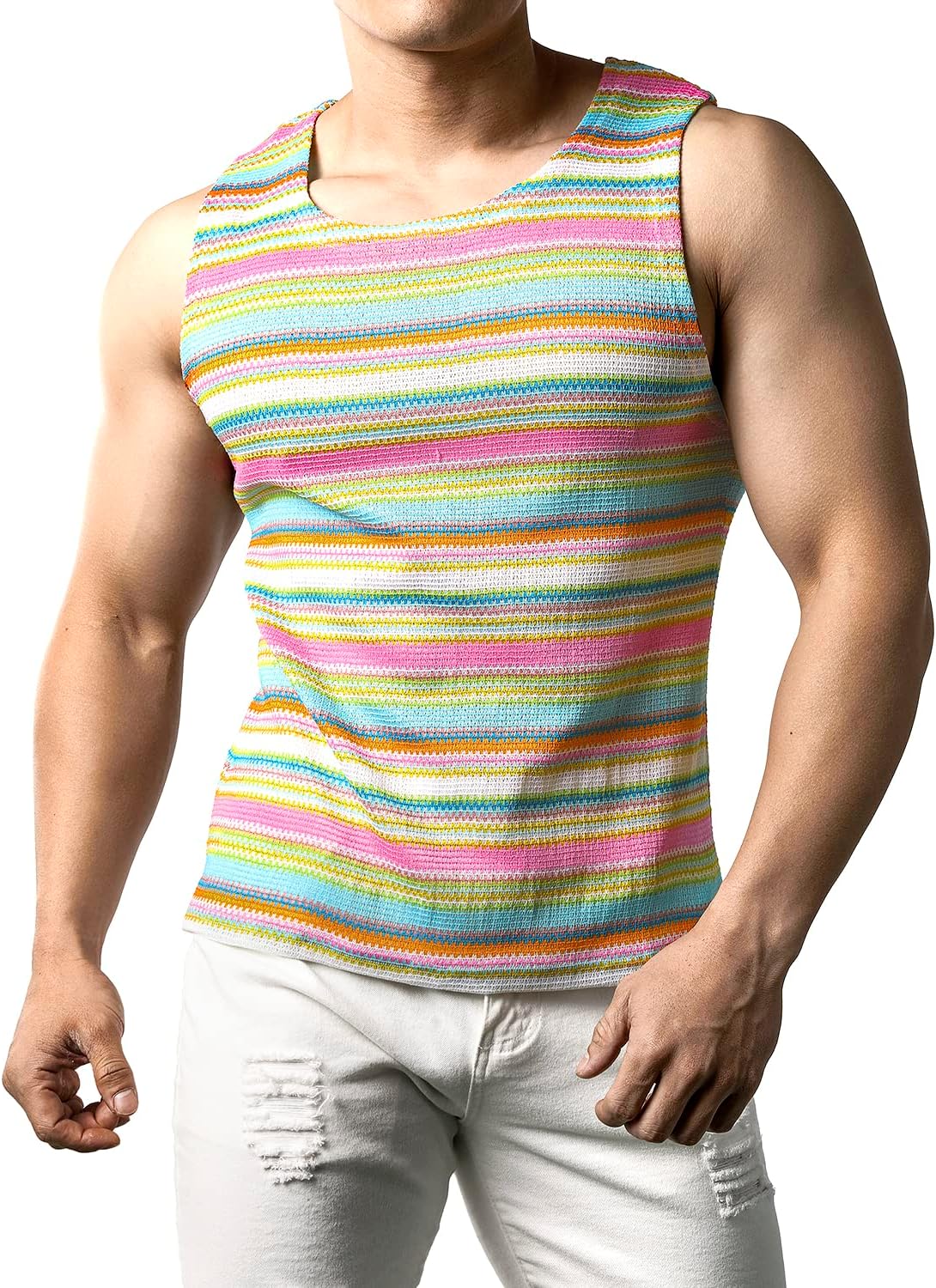 JOGAL Mens Rainbow Striped Sleeveless Shirts Multicolored Casual Tank Tops