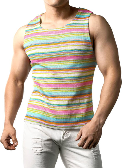 JOGAL Mens Rainbow Striped Sleeveless Shirts Multicolored Casual Tank Tops