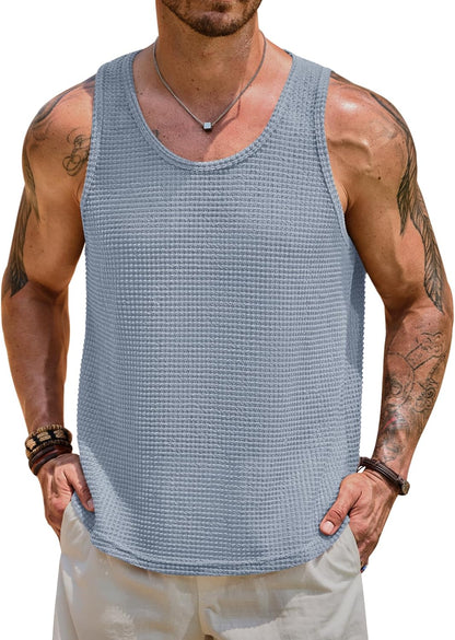 Mens Hollow Out Tank Top Vacation Summer See Through Crochet Sleeveless Shirt Beach Muscle Knit Vest (S-XXL)