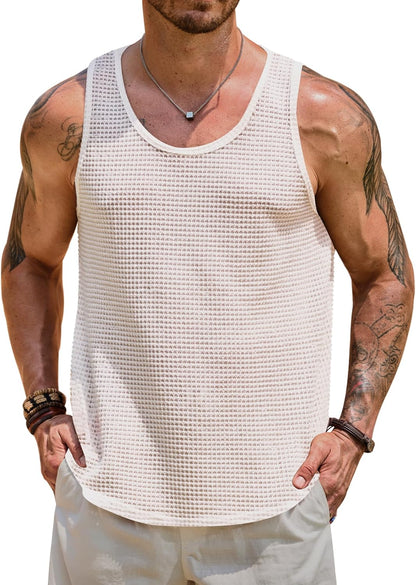 Mens Hollow Out Tank Top Vacation Summer See Through Crochet Sleeveless Shirt Beach Muscle Knit Vest (S-XXL)