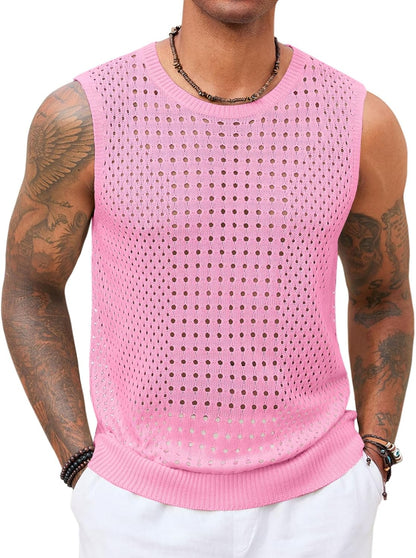 Runcati Mens Knit Sleeveless Tank Tops Casual Hollow Out T Shirts Beach Summer See Through Tops