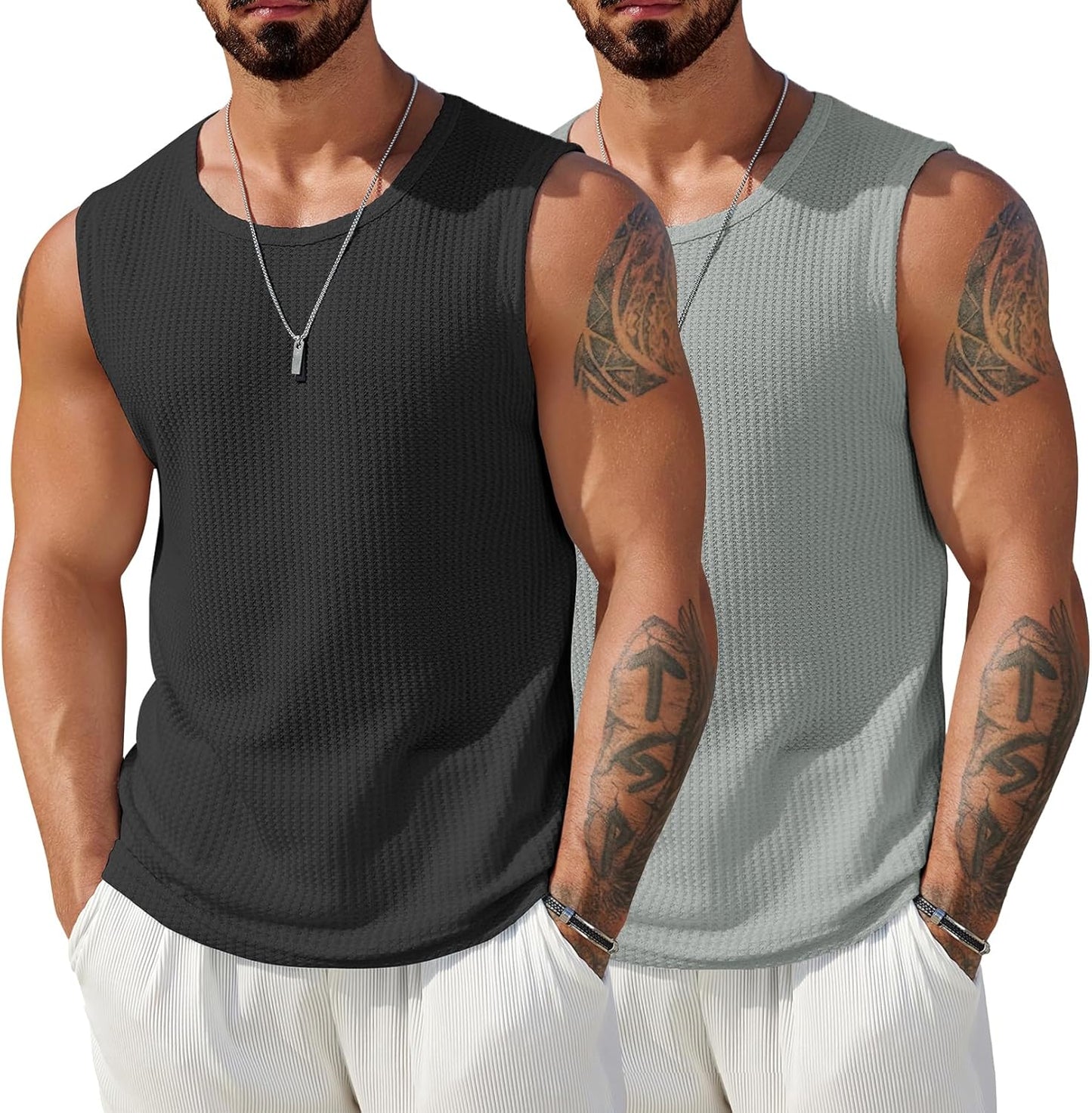 COOFANDY Mens Casual Tank Tops 2 Pack Waffle Knit Sleeveless Shirt Breathable Tank Shirts Summer Muscle Tee