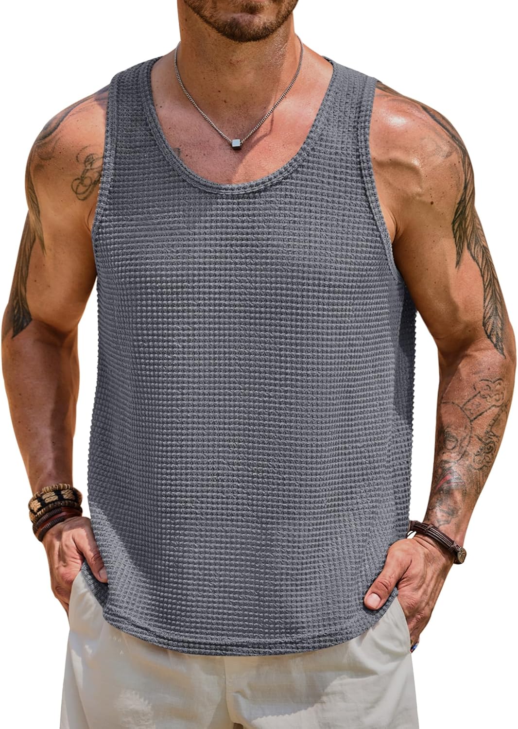 Mens Hollow Out Tank Top Vacation Summer See Through Crochet Sleeveless Shirt Beach Muscle Knit Vest (S-XXL)