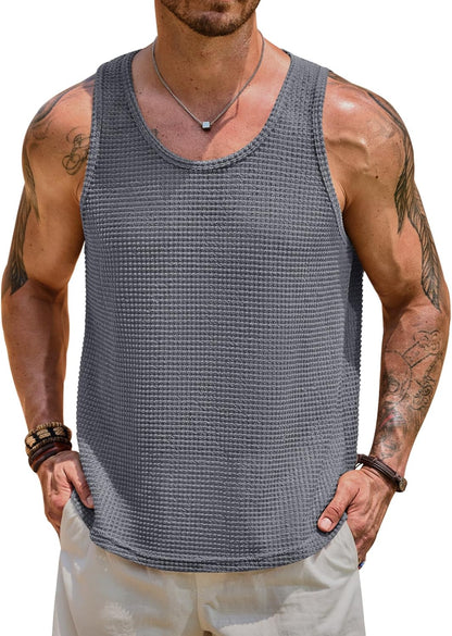 Mens Hollow Out Tank Top Vacation Summer See Through Crochet Sleeveless Shirt Beach Muscle Knit Vest (S-XXL)