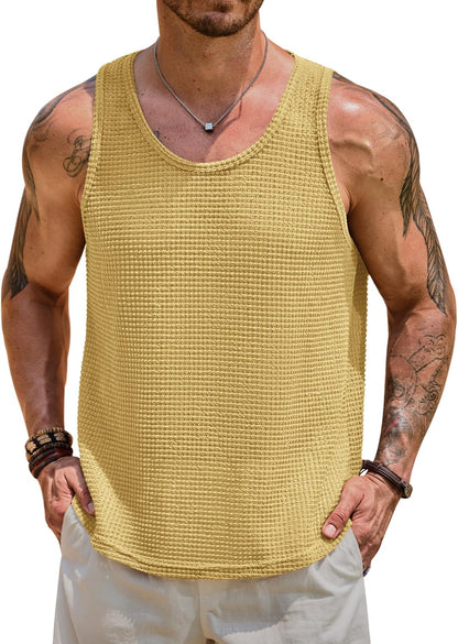 Mens Hollow Out Tank Top Vacation Summer See Through Crochet Sleeveless Shirt Beach Muscle Knit Vest (S-XXL)