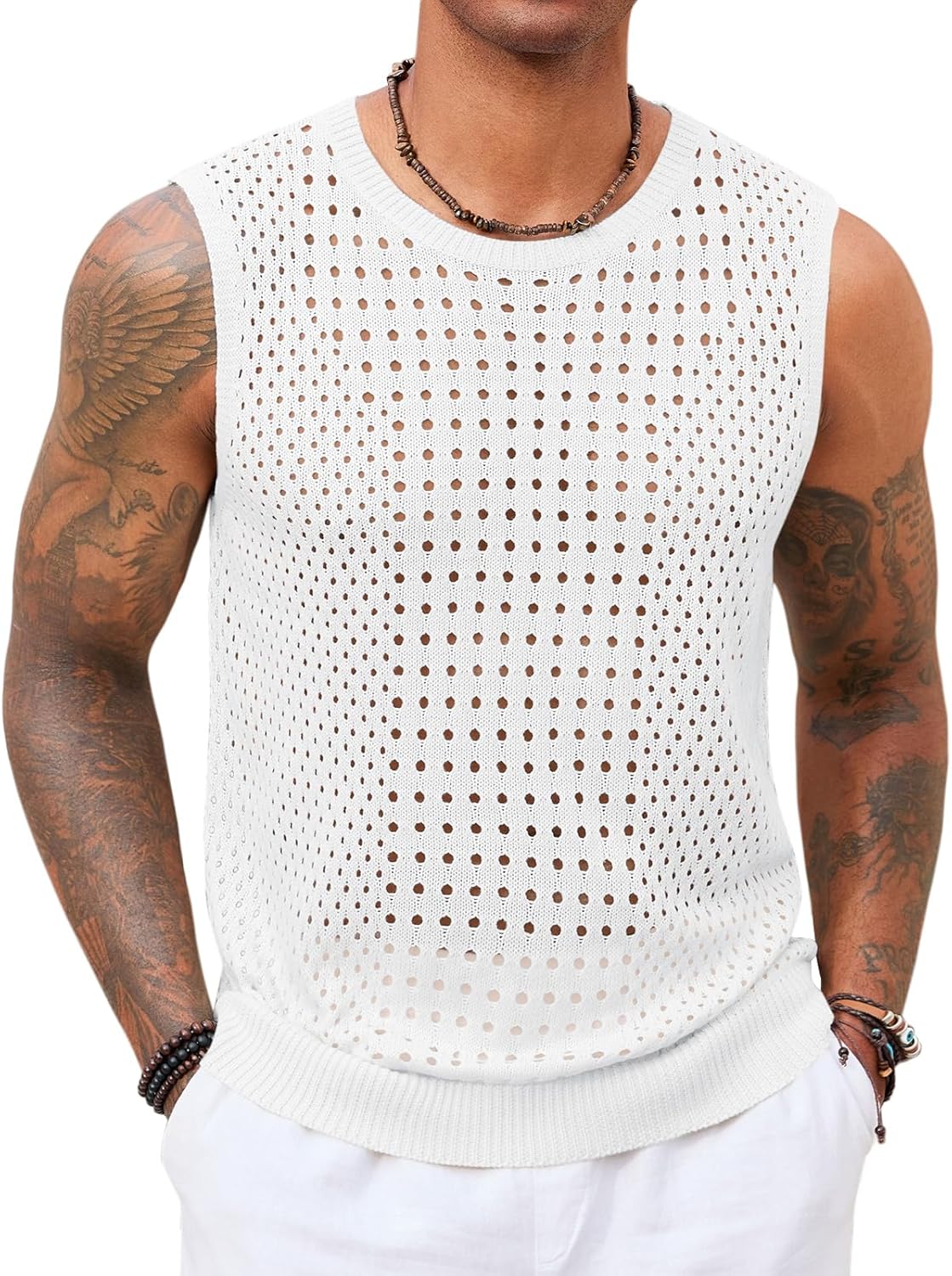 Runcati Mens Knit Sleeveless Tank Tops Casual Hollow Out T Shirts Beach Summer See Through Tops