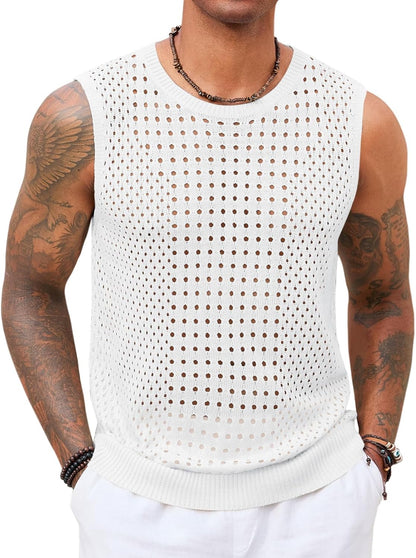 Runcati Mens Knit Sleeveless Tank Tops Casual Hollow Out T Shirts Beach Summer See Through Tops