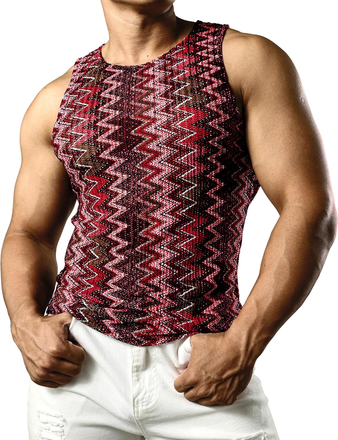 JOGAL Mens Boho Summer Tank Top Sleeveless Muscle Mesh Shirt