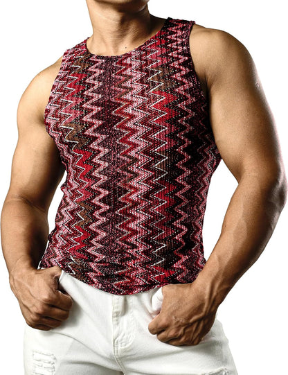 JOGAL Mens Boho Summer Tank Top Sleeveless Muscle Mesh Shirt