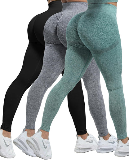 CHRLEISURE Workout Leggings Sets for Women, Gym Scrunch Butt Butt Lifting Seamless Leggings 3 Piece