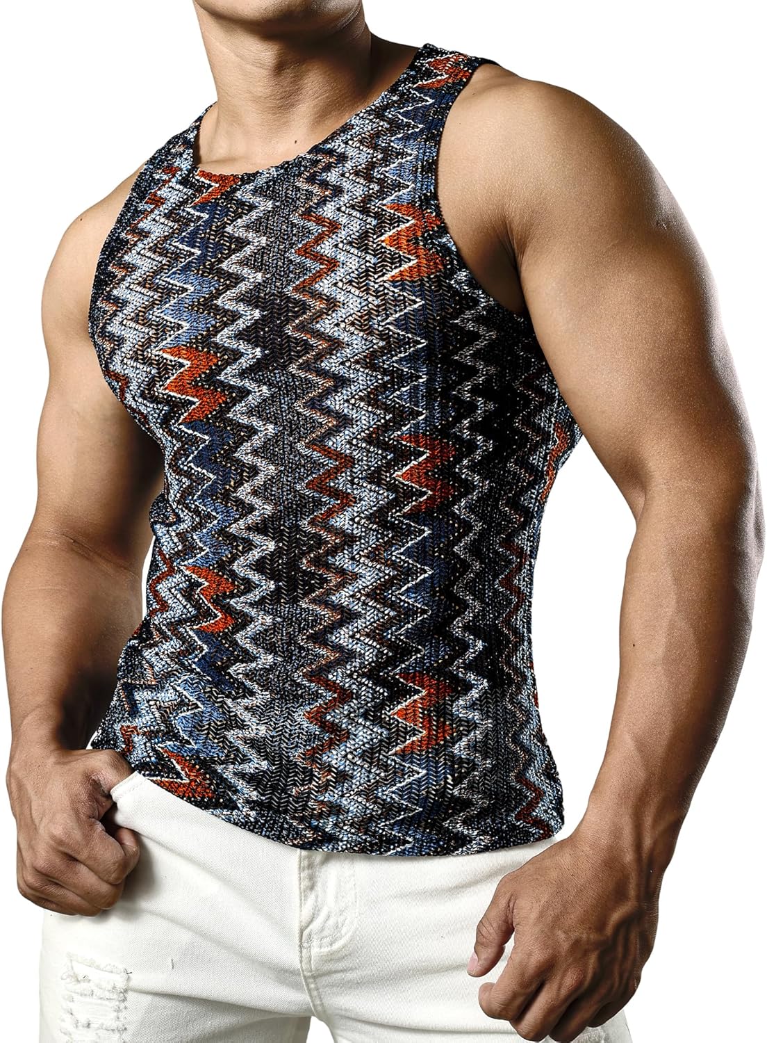 JOGAL Mens Boho Summer Tank Top Sleeveless Muscle Mesh Shirt