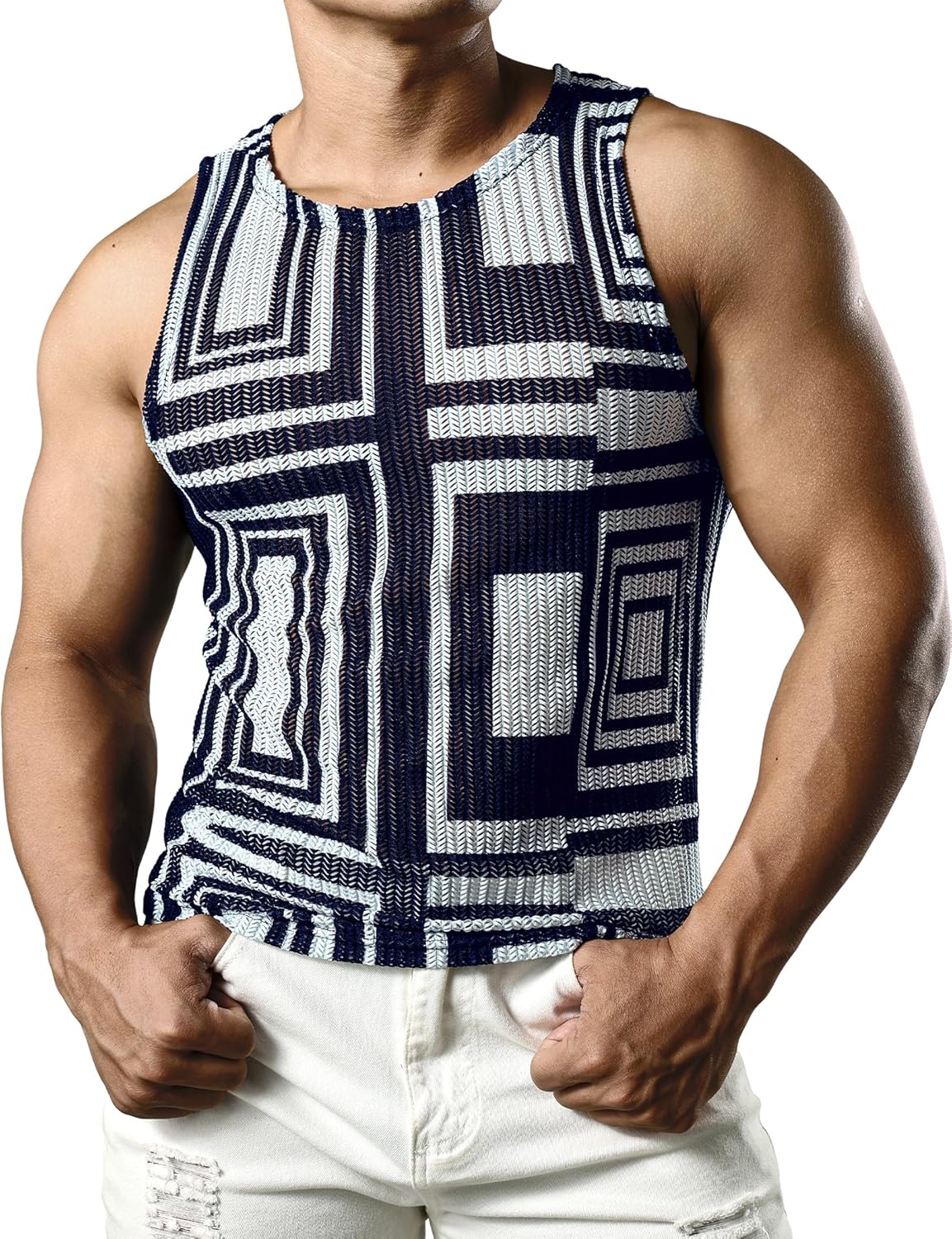 JOGAL Mens Boho Summer Tank Top Sleeveless Muscle Mesh Shirt